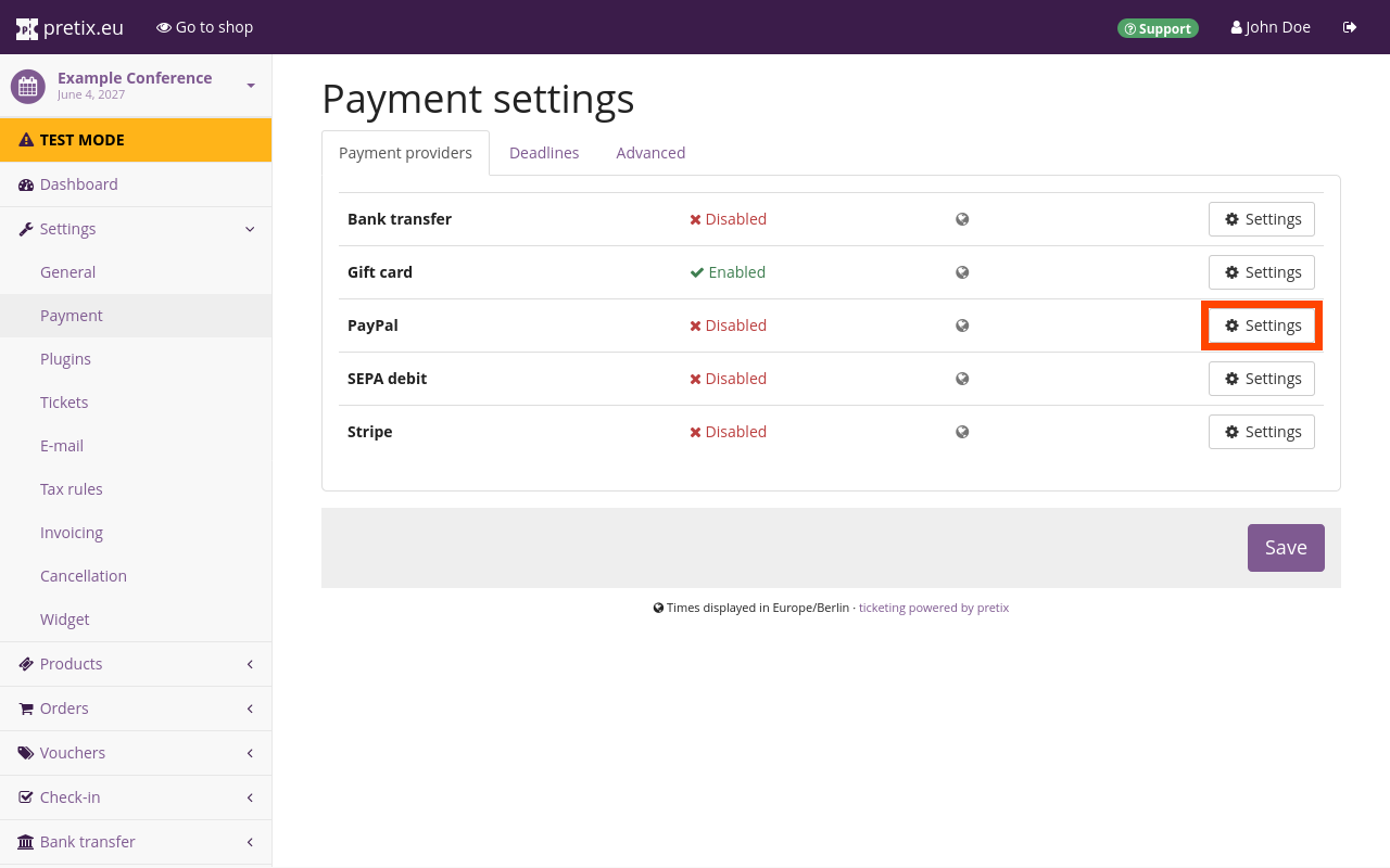 Payment settings page. The "payment providers" tab is open, showing a list with the following entries: bank transfer, gift card, PayPal, SEPA debit and Stripe; gift card is enabled and all other entries are disabled. All entires have 'settings' buttons next to them. The settings button for PayPal is highlighted.