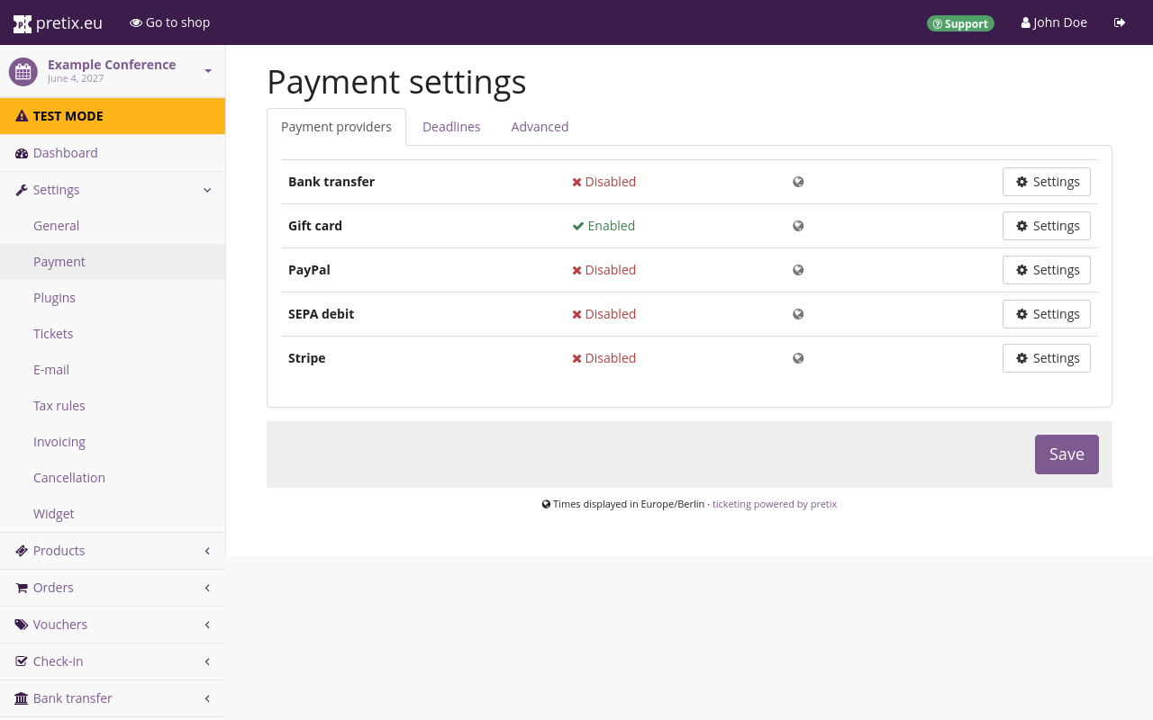 Payment settings page. The "payment providers" tab is open, showing a list with the following entries: bank transfer, gift card, PayPal, SEPA debit and Stripe; gift card is enabled and all other entries are disabled. All entires have 'settings' buttons next to them. 