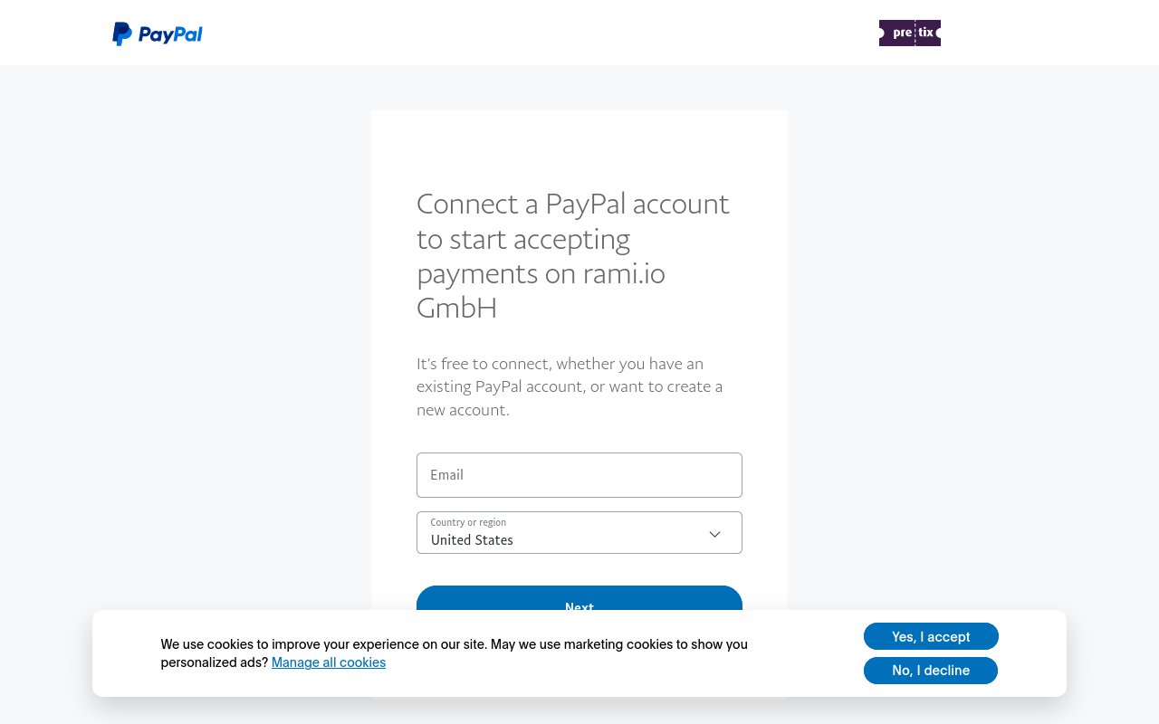 PayPal website with the pretix logo in the top right and a dialog in the center telling you to 'Connect a PayPal account to start accepting payments on rami.io GmbH'. You can enter your email and country or region below.