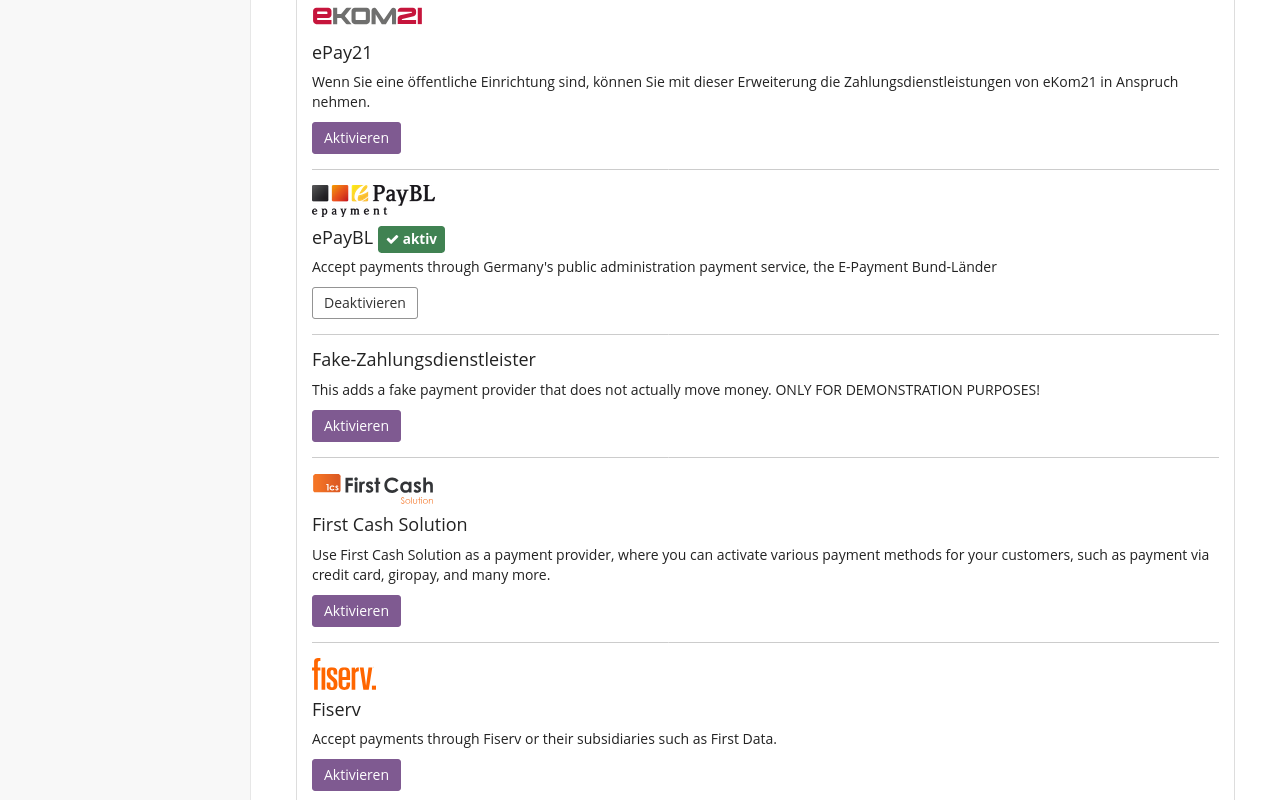 Ausschnitt der Liste der Erweiterungen für Zahlungsdienstleister. Unter anderem zeigt die Liste ePayBL an. Dieser Eintrag ist als aktiv markiert und hat einen Button mit der Aufschrift 'Deaktivieren'.