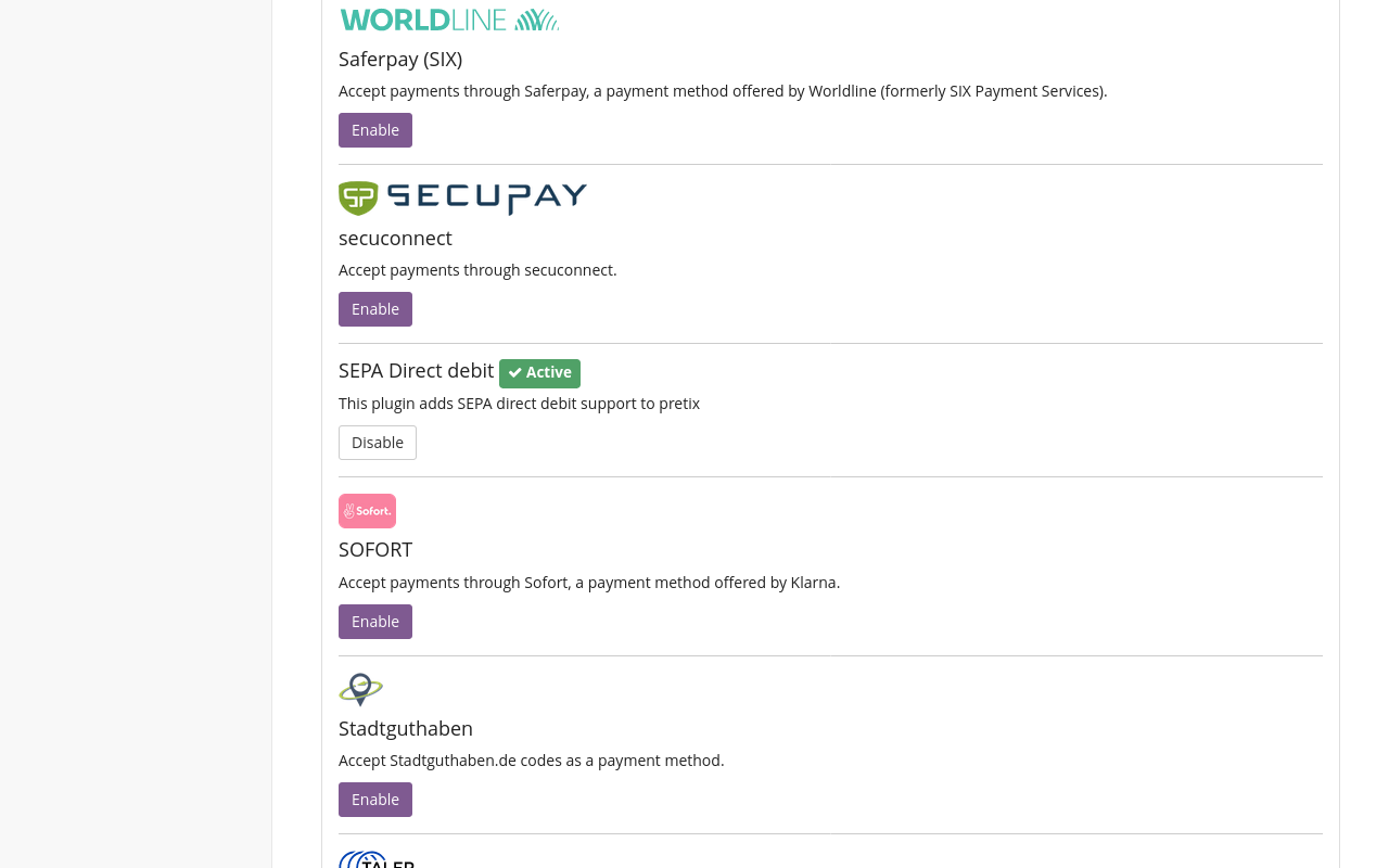 Part of the list of available payment provider plugins. Entries for Saferpay, secuconnect, SEPA direct debit, SOFORT and Stadtguthaben are visible. The SEPA option is active. The other entries have a purple 'enable' button next to them.