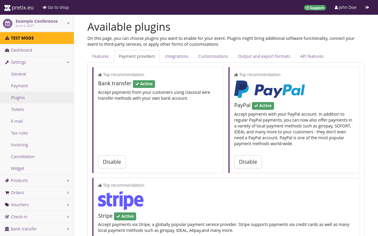 Top recommendations for available payment provider plugins. The Top recommendations are bank transfer, PayPal and Stripe. All of them have a green 'active' tag and a 'disable' button next to them.