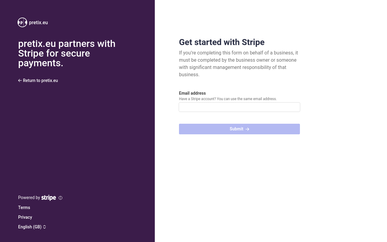 Stripe website with the pretix logo on the left, telling you that 'pretix.eu partners with Stripe for secure payments' and a dialog on the right telling you to 'Get started with stripe'. You can enter the email address for your Stripe account below.