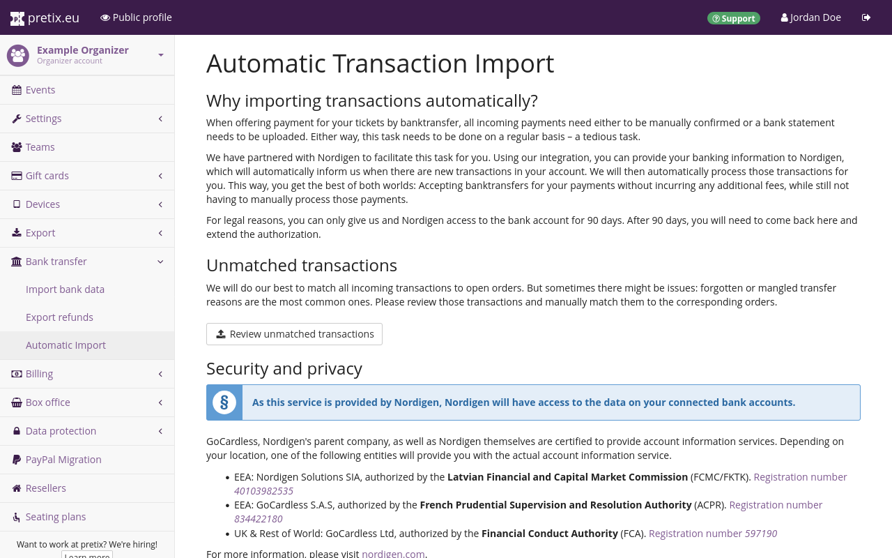 Page titled Automatic transaction import, containing text with the subheadings 'Why importing transactions automatically?', 'Unmatched transactions' and 'Security and privacy', as well as a button for uploading unmatched transactions for review.