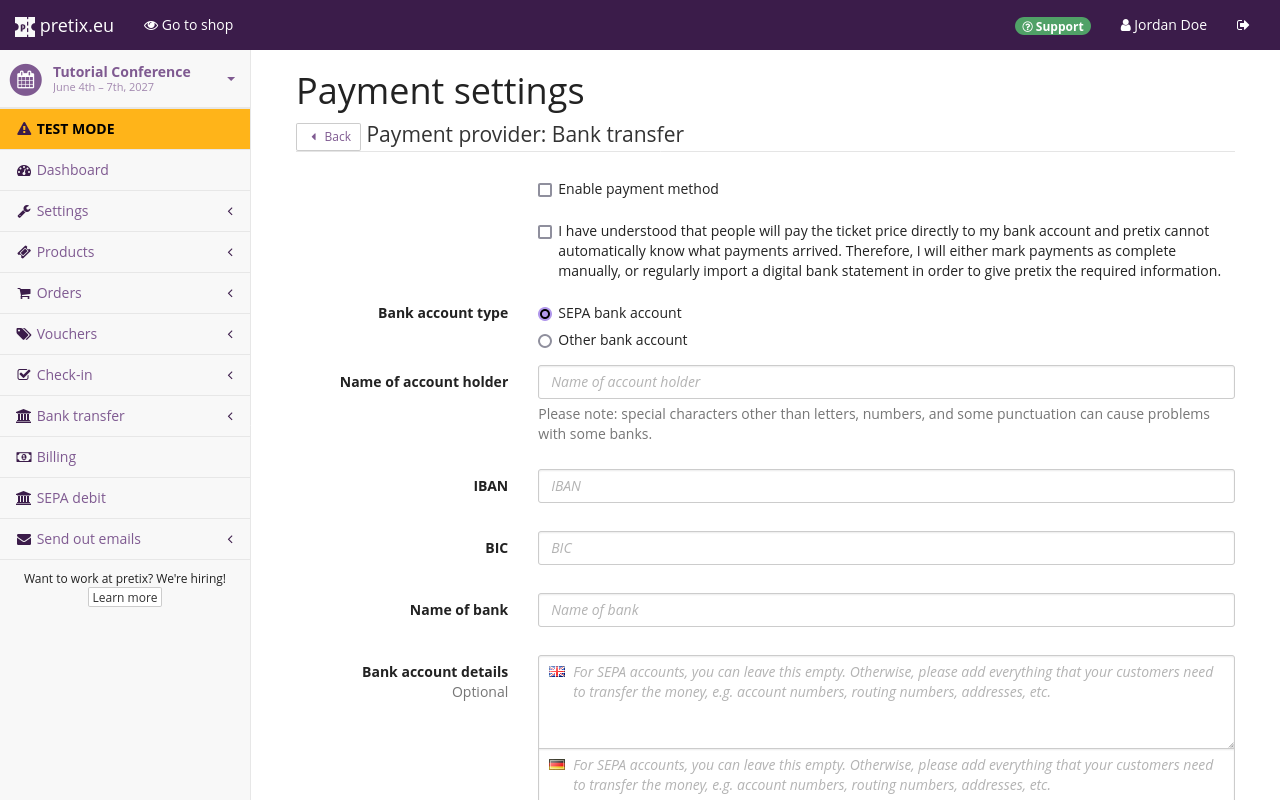 Page titled 'Payment settings—Payment provider:Bank transfer', displaying options for the bank account type, bank data, details and enabling the payment method.