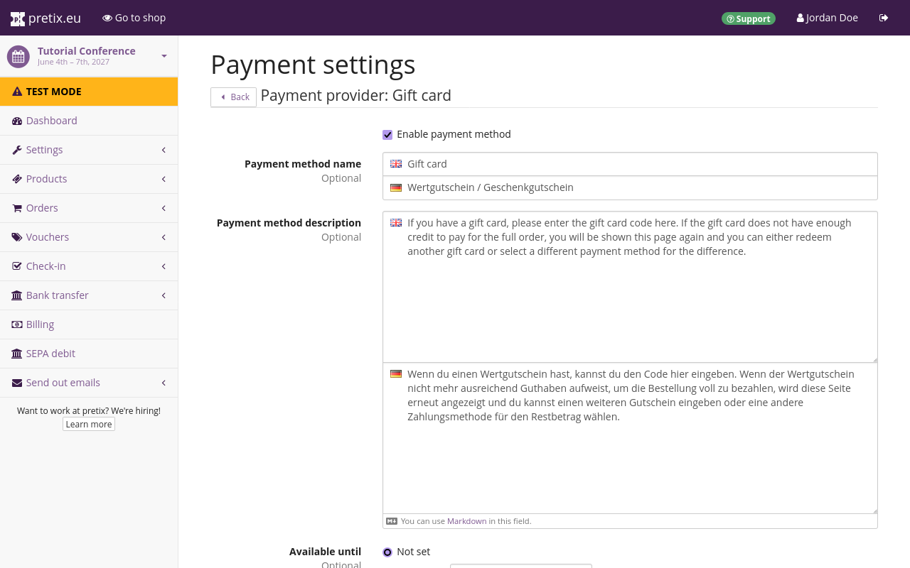 Page titled Payment settings: Payment provider: Gift card, the box next to Enable payment method is checked.