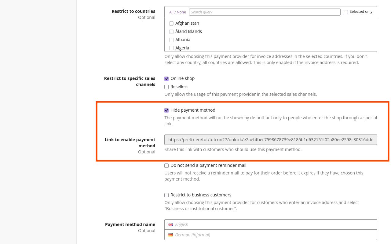 Settings page for a payment provider. The box 'Hide payment method' is checked and the page displays a field labeled 'Link to enable payment method' containing a lengthy URL.