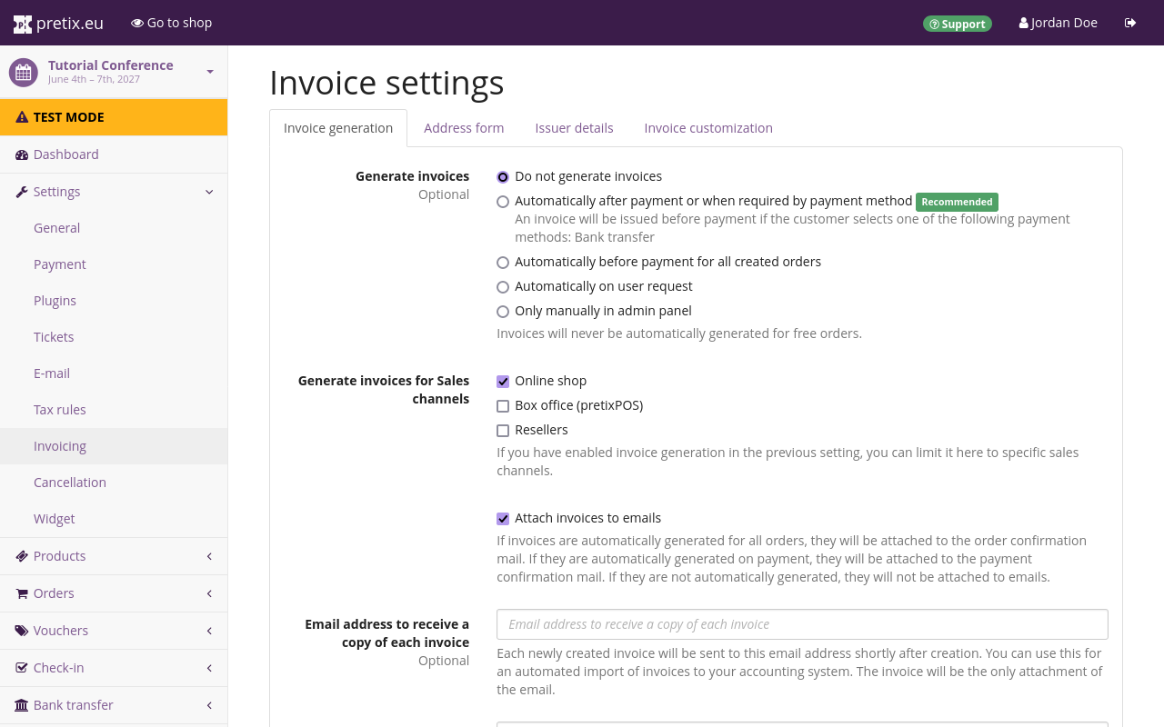 Page titled 'Invoice settings', displaying options for generating invoices, which sales channels to generate them for, and attaching them to emails.