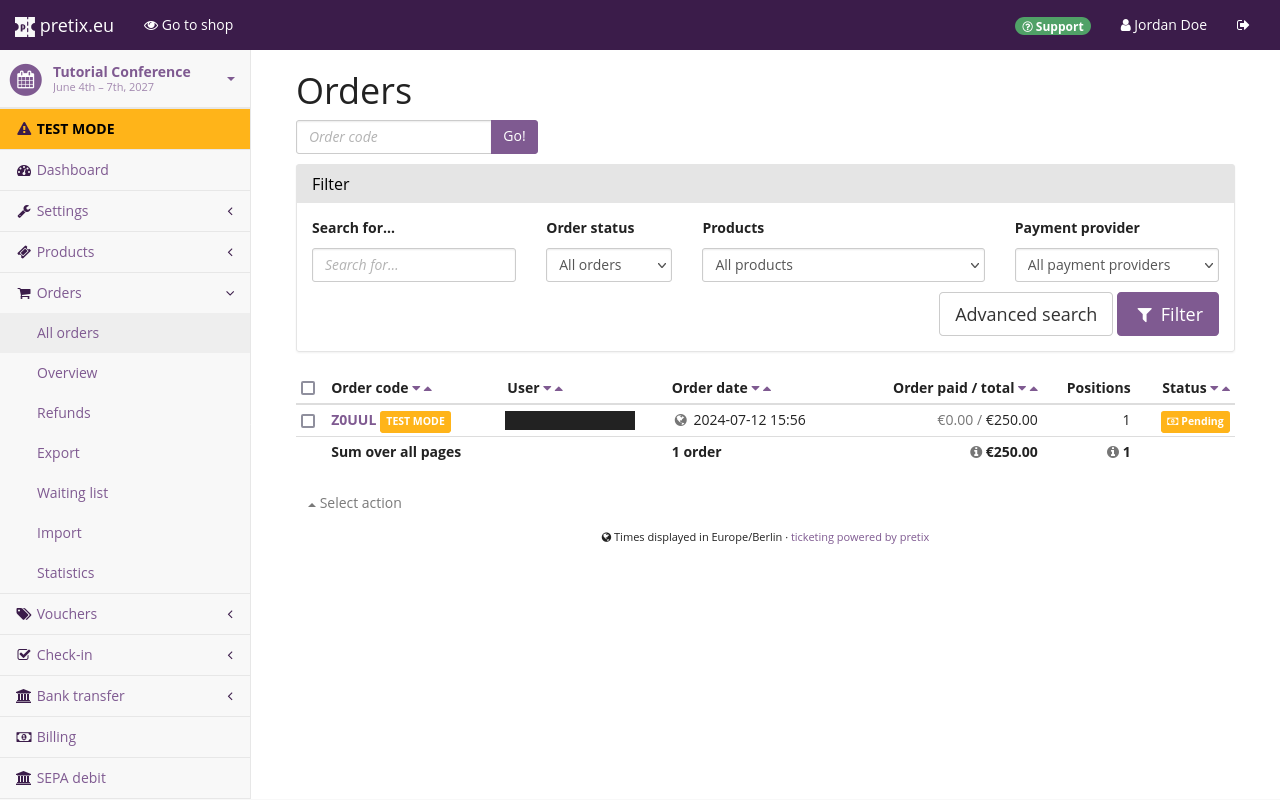 Page titled orders, showing a list currently containing one order with status pending, €0.00 out of €250.00 paid.