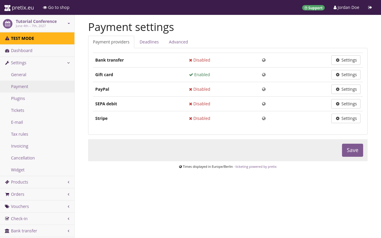 Page titled 'Payment settings', on the 'Payment providers' tab. There is a list of payment providers: Bank transfer, Gift card, PayPal, SEPA debit and Stripe.