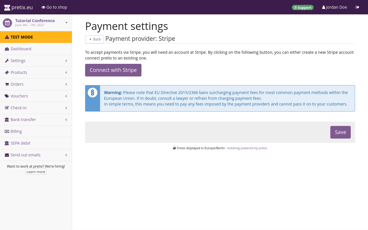 Page titled 'Payment settings—Payment provider:Stripe', displaying a box with a legal warning and buttons for connecting with Stripe and saving.