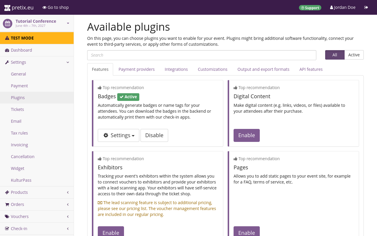 Available plugins page, the 'features' tab is open. Top recommendations Badges, Digital Content, Exhibitors and Pages are displayed. Badges is active and has buttons for settings and disabling the plugin.