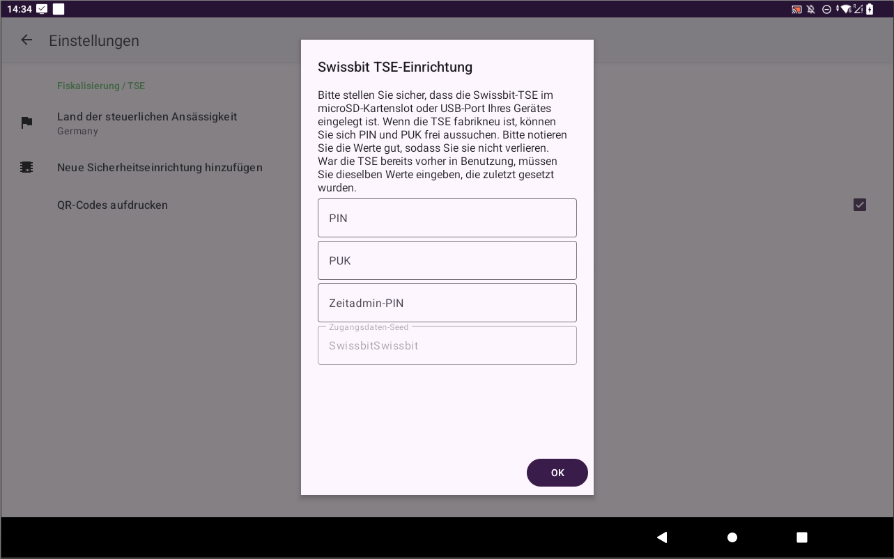 App pretixPOS, Dialog 'Swissbit TSE-Einrichtung' mit Hinweistext sowie Eingabefeldern für PIN, PUK, Zeitadmin-PIN und Zugangsdaten-Seed.