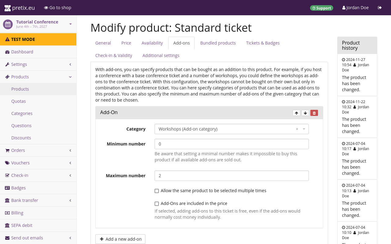 Add Add-Ons to product "Edit product" page, on the "Add-ons" tab. The category "Workshops" is selected. The minimum number is 0 and the maximum is 2