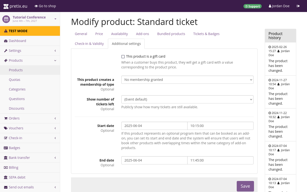 Agenda constraints on product "Edit product" page, on the "Additional settings" tab. Options for "Start date" and "End date" are displayed, and a date and time has been entered for each.