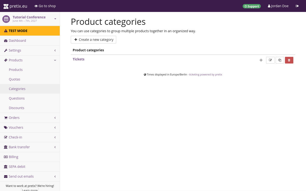 Page titled 'Product categories', showing a list of categories only containing 'Tickets' and a button for creating a new category.