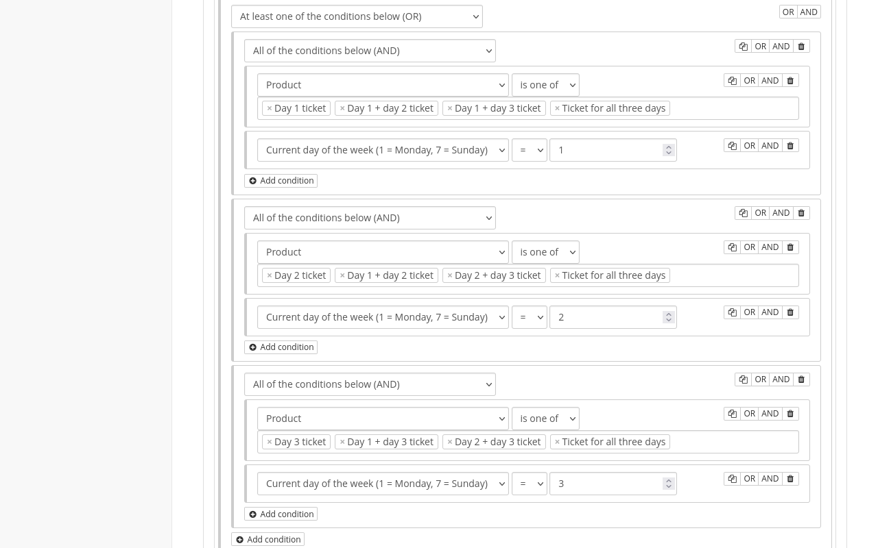 Custom check-in rule Custom check-in rule with three sets of AND-conditions. The first one demands that the product is one of the products for day one AND that the current day of the week is Monday. The second and third set do the same thing, but for day 2 and Tuesday as well as day 3 and Wednesday respectively. The three sets of AND-conditions are all included in one OR-condition.