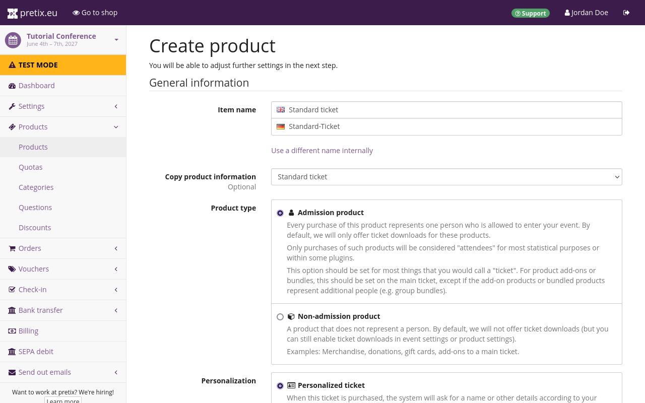 Page titled 'Create product', showing options such as item name, copy product information, product type and personalization.