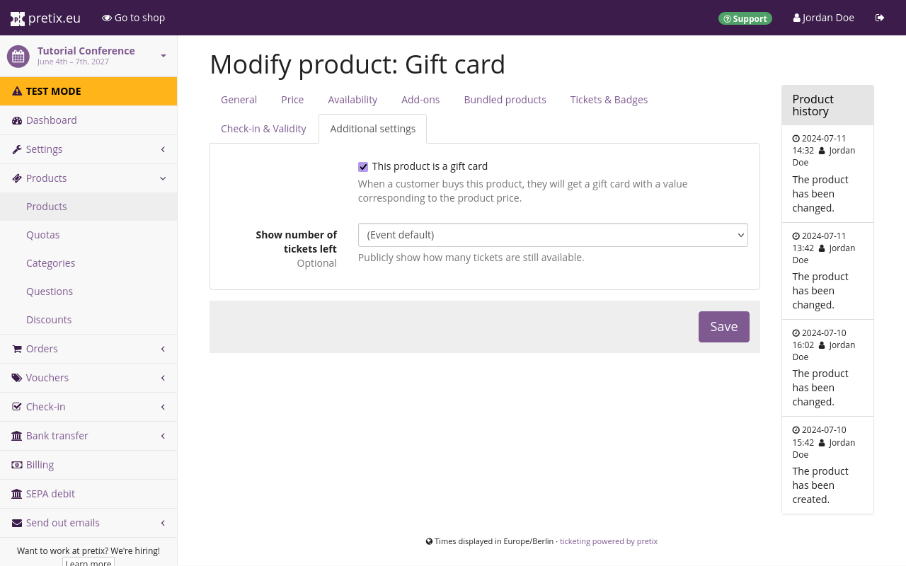 Page titled Modify product: Gift card, on the Additional settings tab, the box next to This product is a gift card is checked.