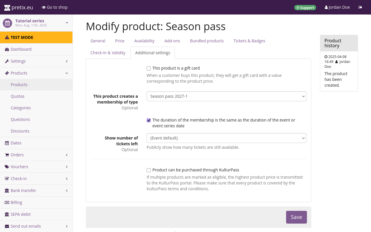 Page titled Modify product: Season pass, on the Additional settings tab. Under 'This product creates a membership of type', the membership 'Season pass 2027-1' is selected. The checkbox next to ' The duration of the membership is the same as the duration of the event or event series date' is checked.