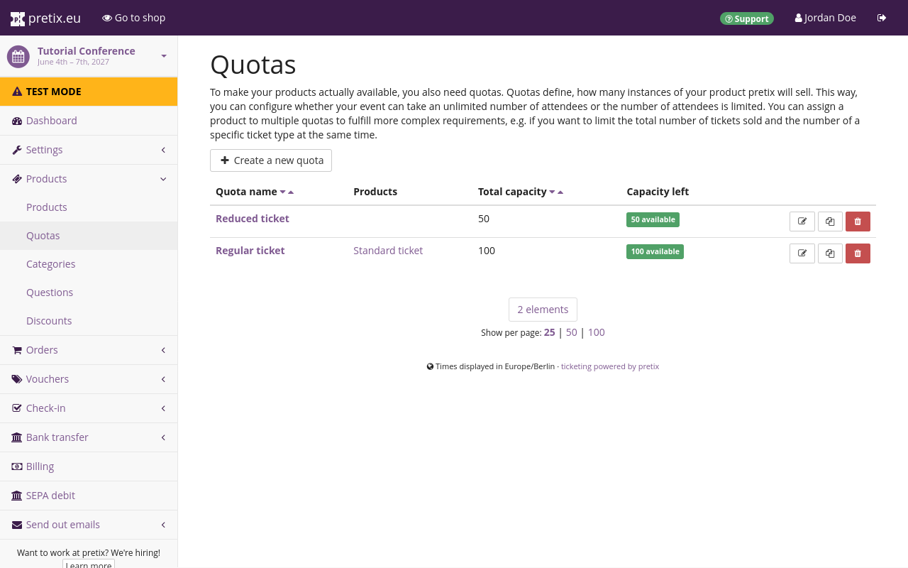 Page titled 'Quotas', displaying a list of quotas including the reduced ticket quota with a capacity of 50 and the regular ticket quota with a capacity of 100.