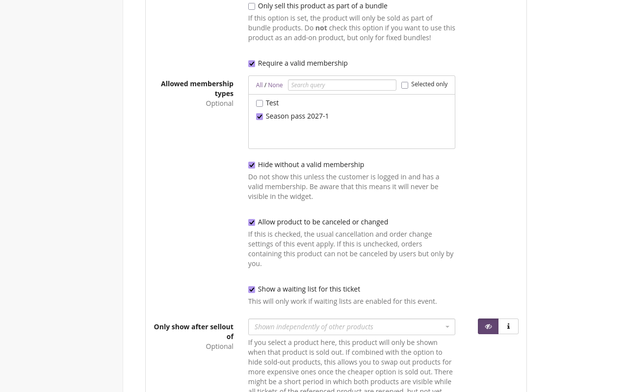 Page displaying the option 'Require a valid membership', which is checked, and 'Allowed membership types', under which 'Season pass 2027-1' is selected. The box next to 'Hide without a valid membership' is checked.
