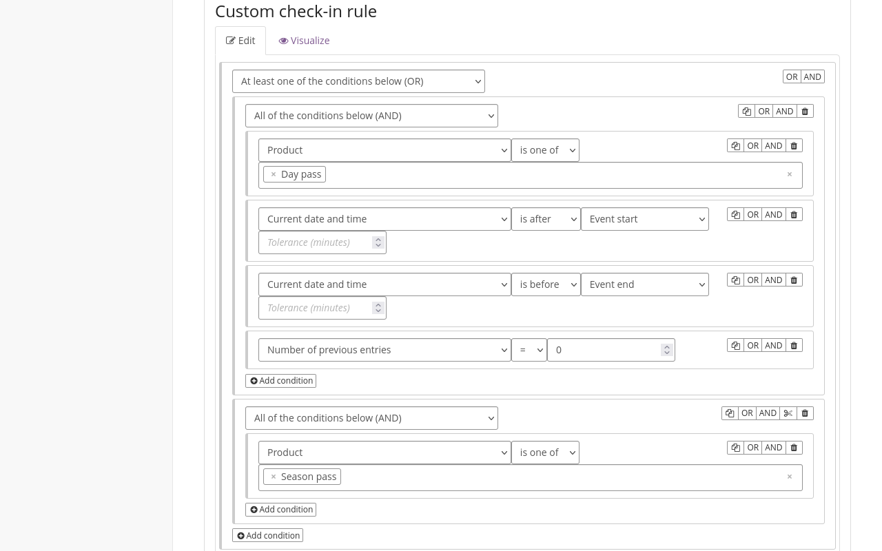 Season tickets rules 1 Custom check-in rule page set up according to the instructions above.