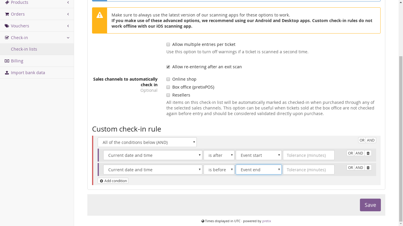 Custom check-in rule page set up according to the instructions above.