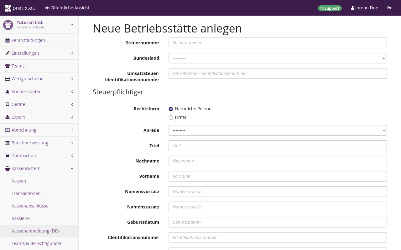 Seite mit Titel 'Neue Betriebsstätte anlegen' mit Eingabefeldern für die Daten der Betriebsstätte.