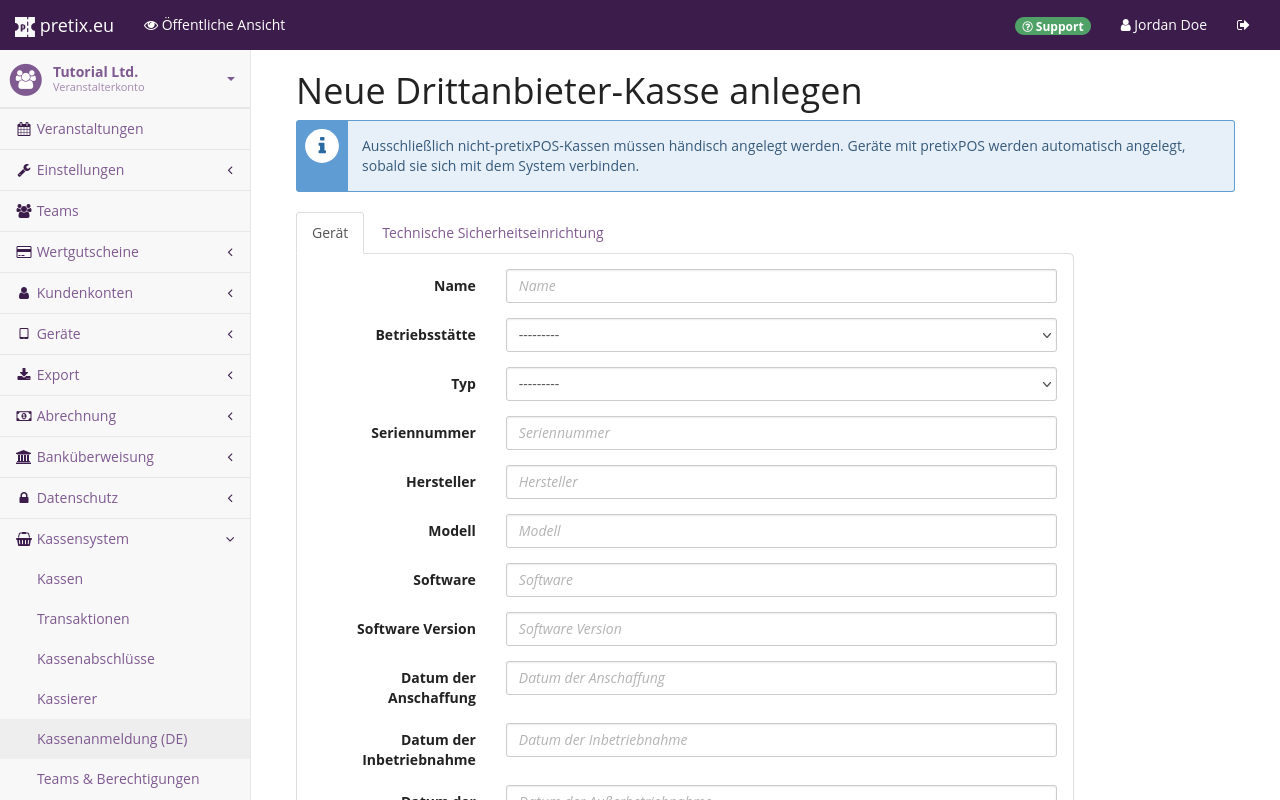 Seite mit Titel 'Neue Drittanbieter-Kasse anlegen' mit Eingabefeldern für die Daten der Kasse.