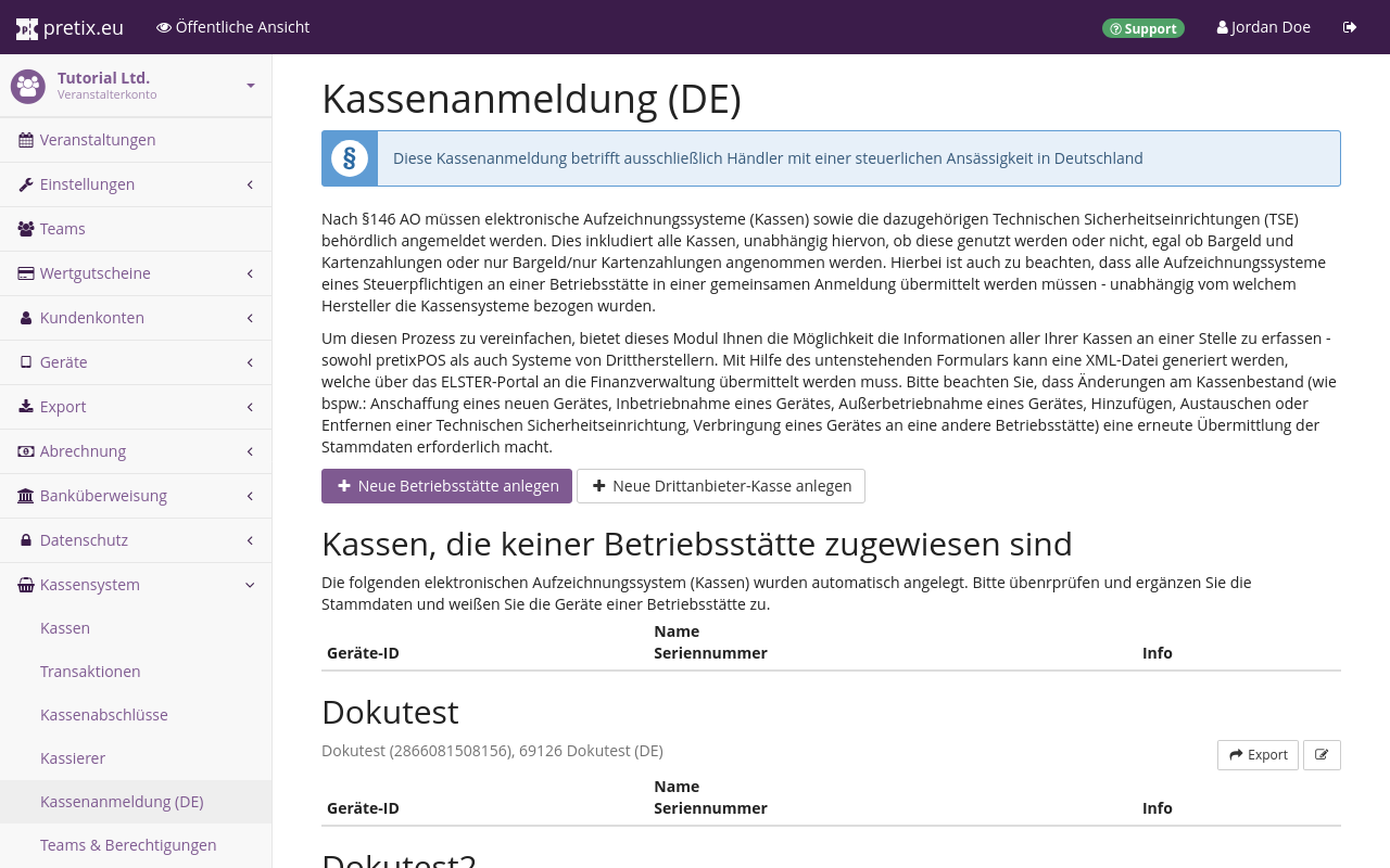 Seite mit Titel 'Kassenanmeldung (DE)' mit Hinweisen zu rechtlichen Hintergründen und zur Funktion der Seite sowie einer Liste von Kassen mit den Zwischenüberschriften 'Kassen, die keiner Betriebsstätte zugewiesen sind', 'Dokutest' und 'Dokutest2'.