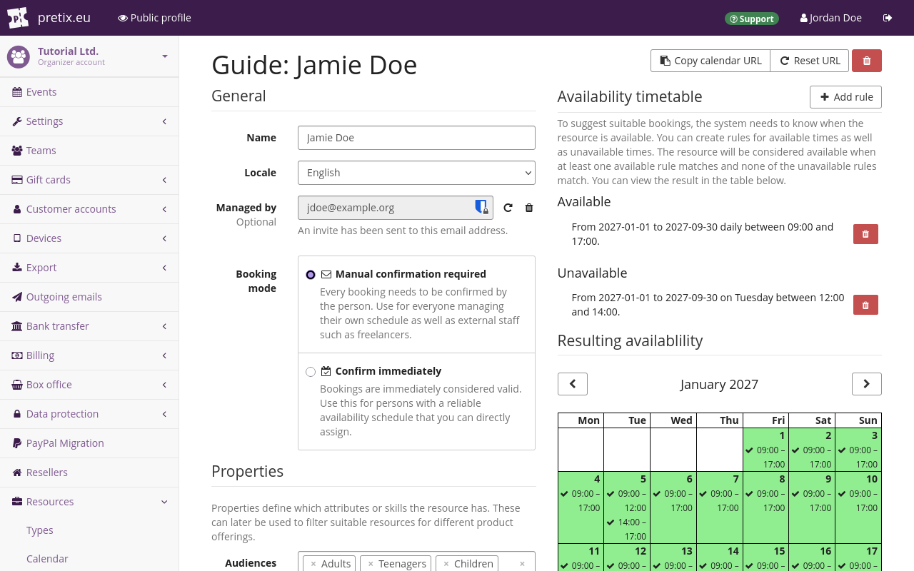 Page titled 'Guide: Jamie Doe'. It has the same settings as the previous page, plus options for adding properties to the resource, and setting rules for its availability. The page displays available time slots in green in a calendar view.