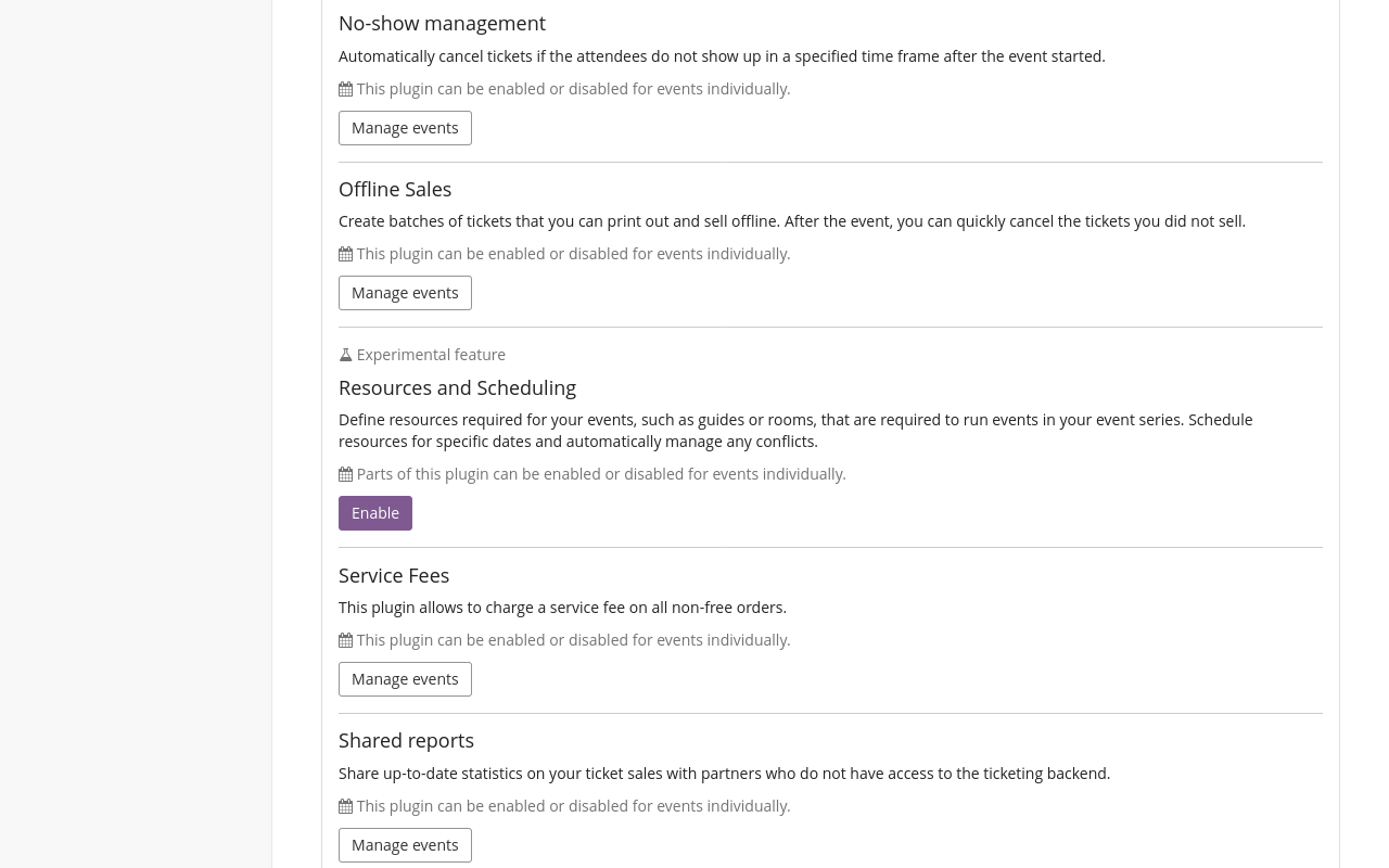 Plugins page, displaying the list of plugins including 'Resources and Scheduling' with a hint saying 'Parts of this plugin can be enabled or disabled for events individually' and a purple 'Enable' button.