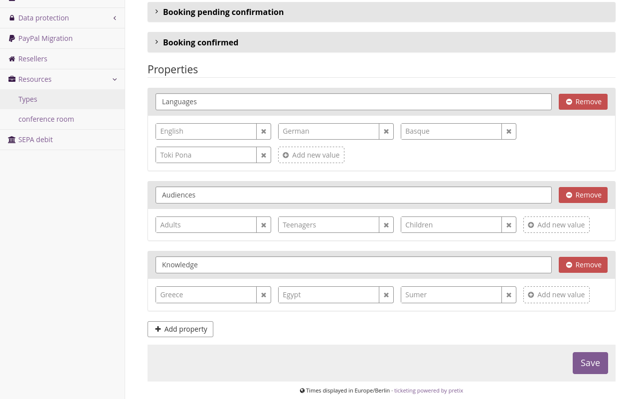 Page titled 'Create a new resource type', scrolled down to display the properties 'Languages' with the options English, German, Basque, or Toki Pona; 'Audiences' with the options adults, teenagers, or children; and 'Knowledge' with the options Greece, Egypt, or Sumer. 