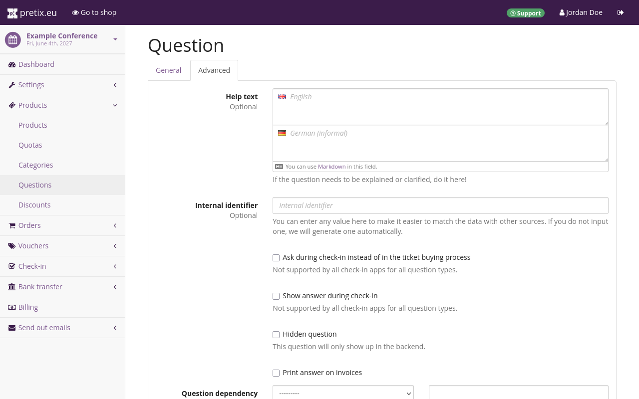 Page titled Question. The "Advanced" tab is open, showing input fields for Help text in two languages and for Internal identifier.