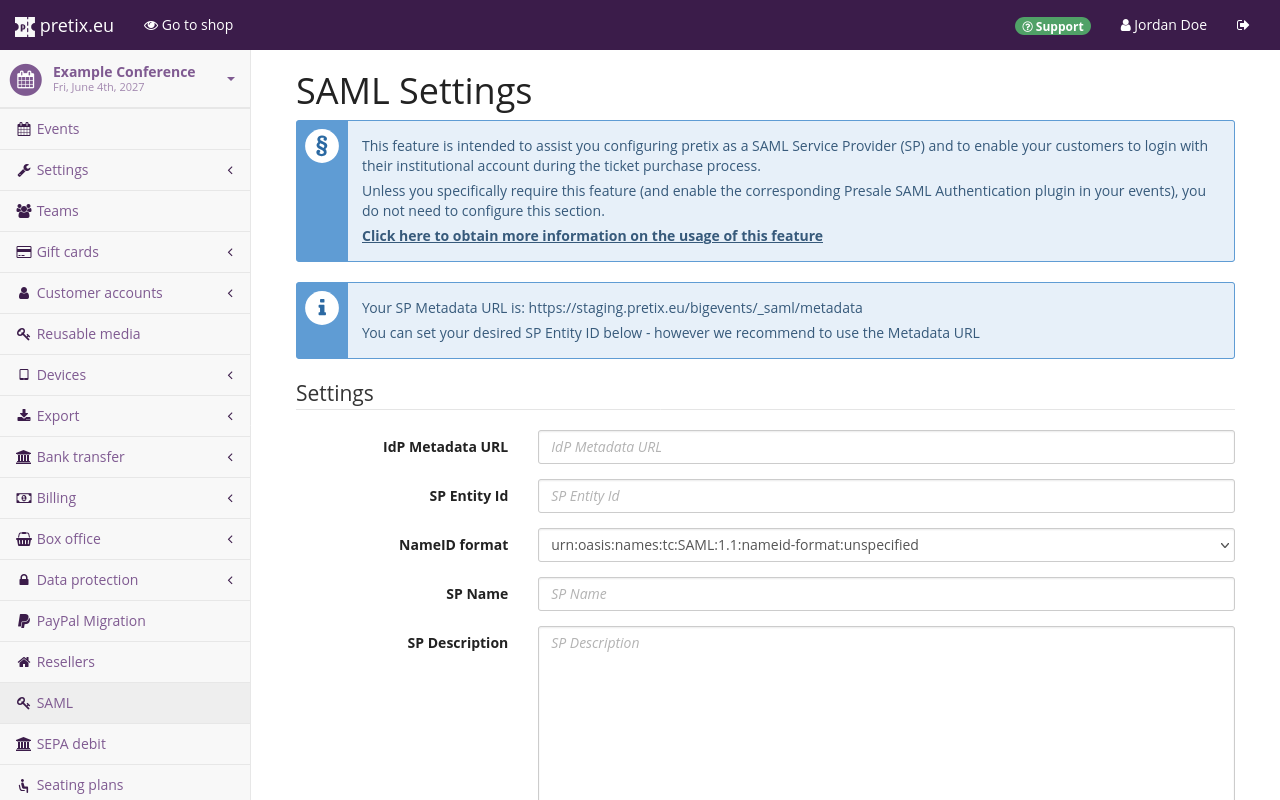 Page titled "SAML Settings", showing settings for IdP Metadata URL, SP Entity ID, NameID format, SP Name and SP Description.