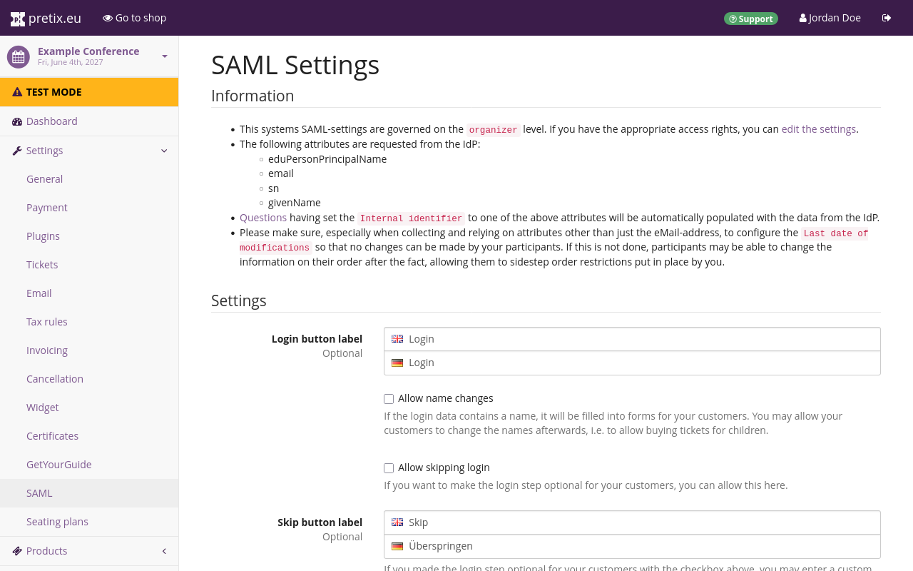 Page titled SAML settings, displaying information on which attributes are requested from the IdP and settings such as Login button label, skip button label and checkboxes for allowing name changes and skipping the login .