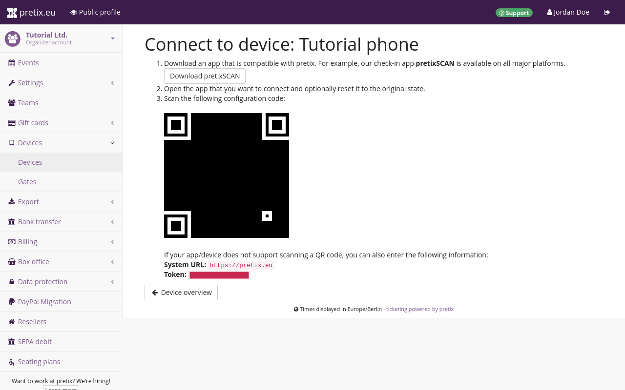 Connect to device screenshot "Connect to device" page, displaying instructions for installing pretixSCAN, a QR code, and a token.