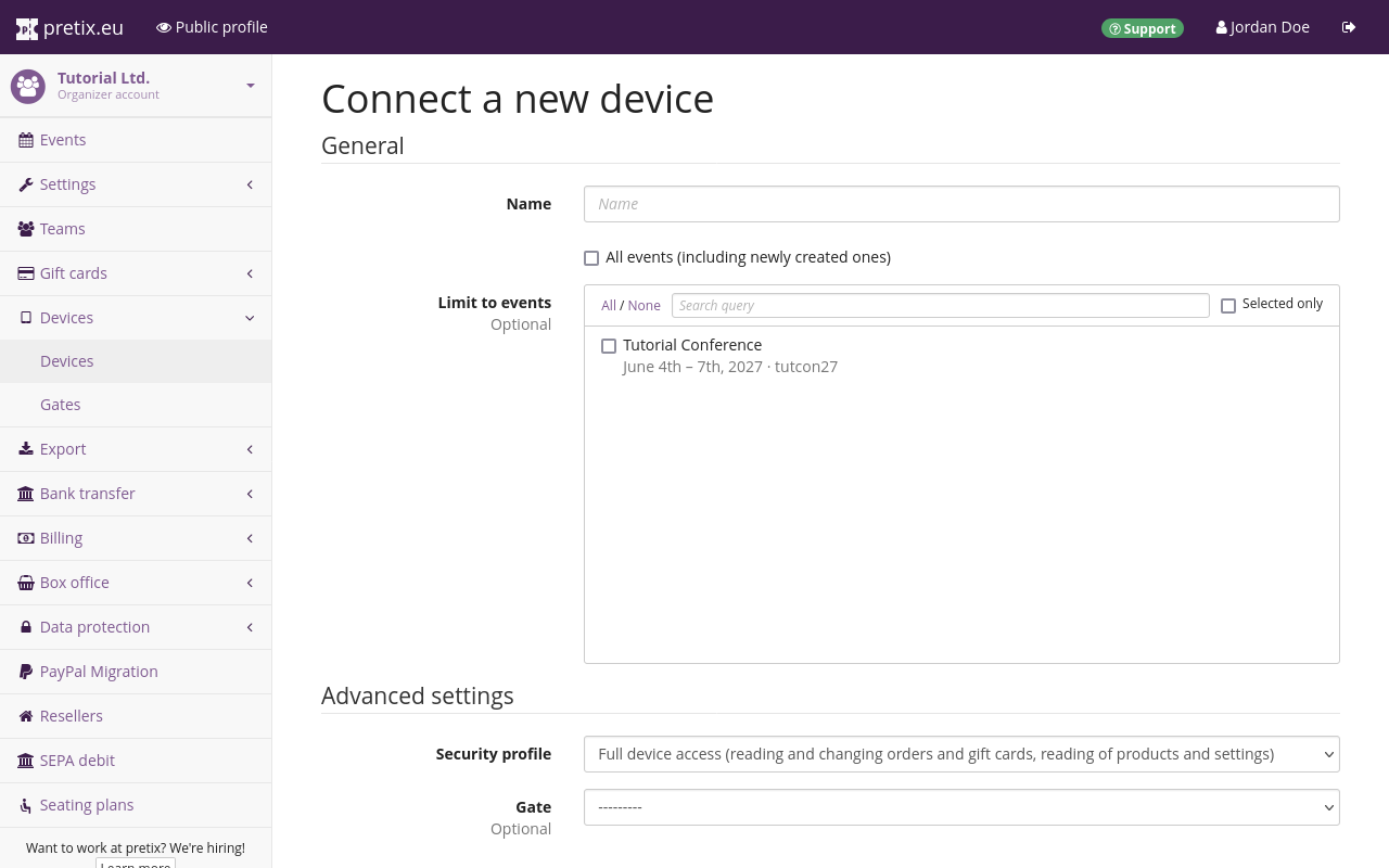 Connect new device screenshot "Connect a new device" page, showing options for the name of the device, the events it should have access to, its security profile, and gate.