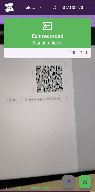 Exit recorded Home screen of pretixSCAN displaying a green box saying 'Exit recorded' and listing the name and ticket code.