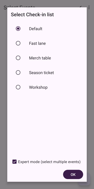 Expert mode Page titled 'Select Check-in list' in pretixSCAN. The box next to 'Expert mode (select multiple events)' is checked.