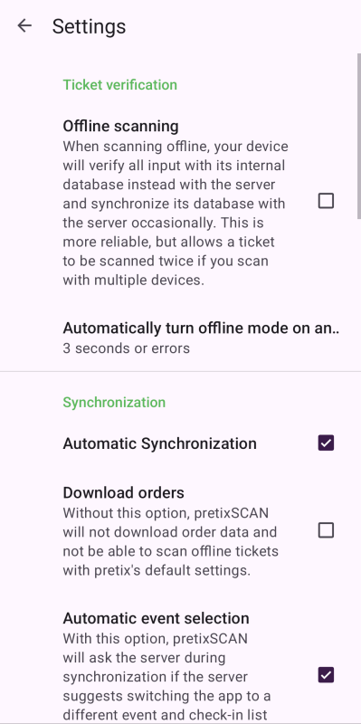 Automatically turn offline mode on and off Settings page in pretixSCAN. 'Offline scanning' is disabled. 'Automatically turn offline mode on and off' is set to '3 seconds or errors'.