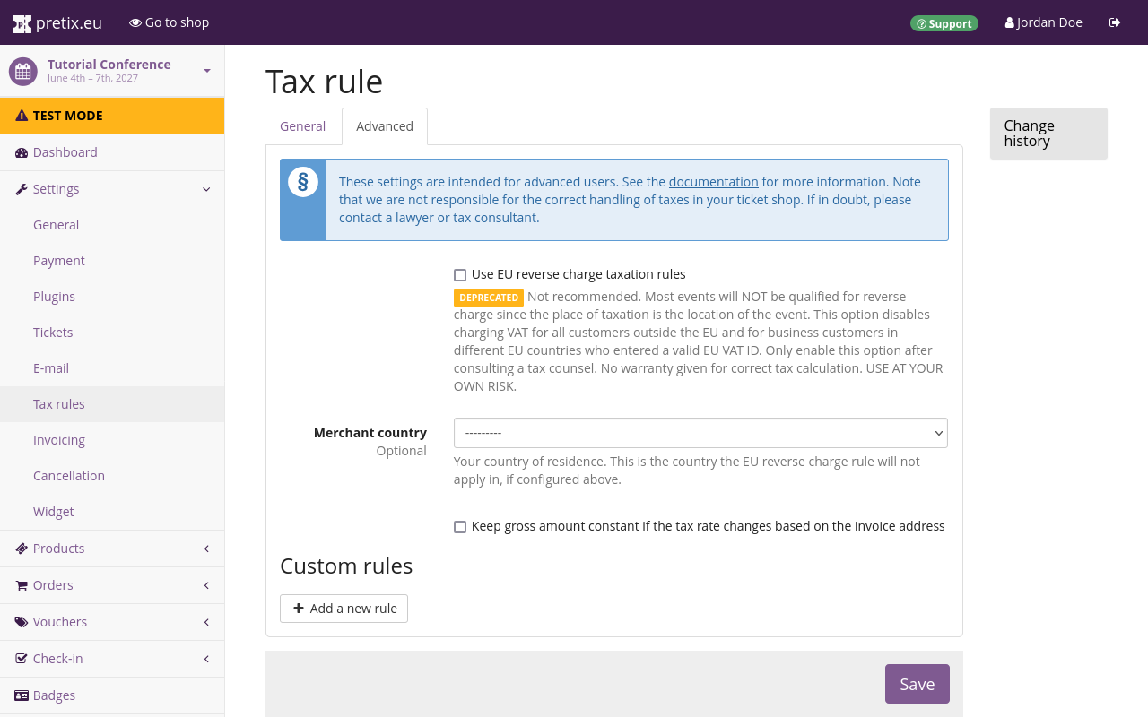 Tax rule dialog. The 'Advanced' tab is open, displaying options for EU reverse charge, merchant country, and adding new custom rules.