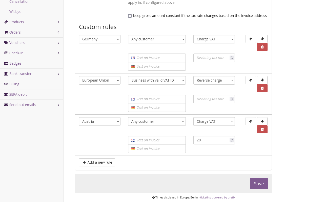 Tax rule dialog. The 'Advanced' tab is open, displaying four custom rules, as described in the paragraph below.