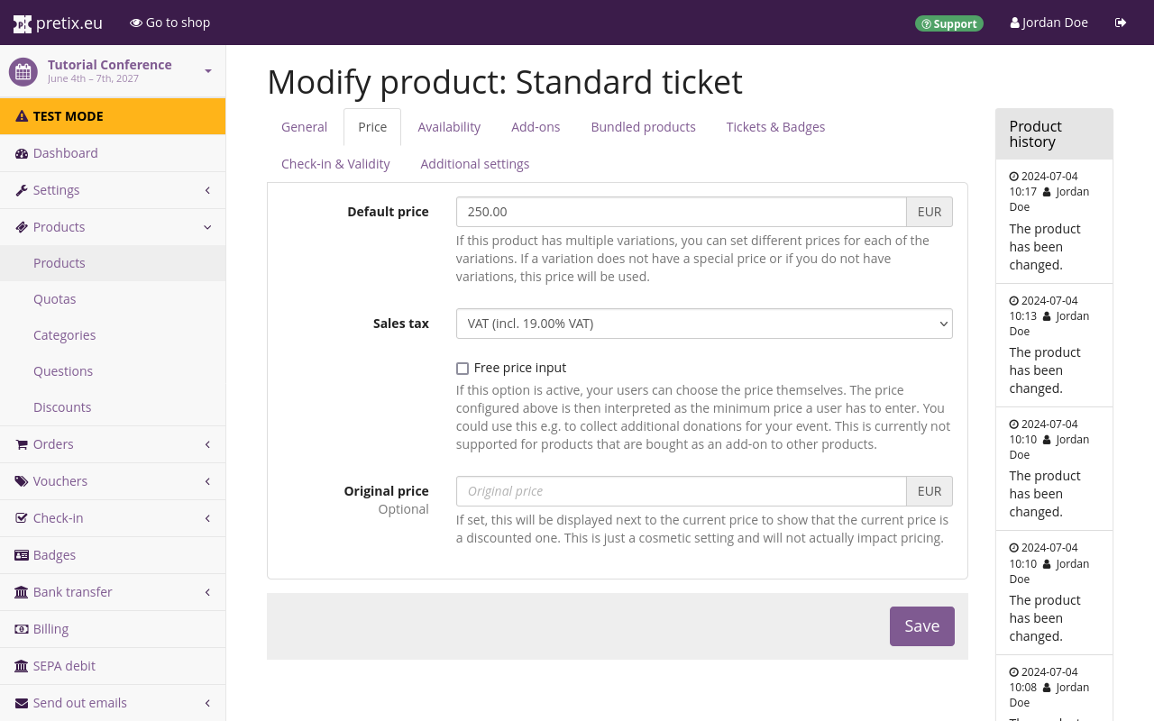 Edit product dialog. The 'Price' tab is open. The second option is a dropdown menu labeled 'Sales tax'. The current selection is 'VAT (incl- 19.00% VAT)'. At the bottom of the page, there is a button labeled 'Save'.