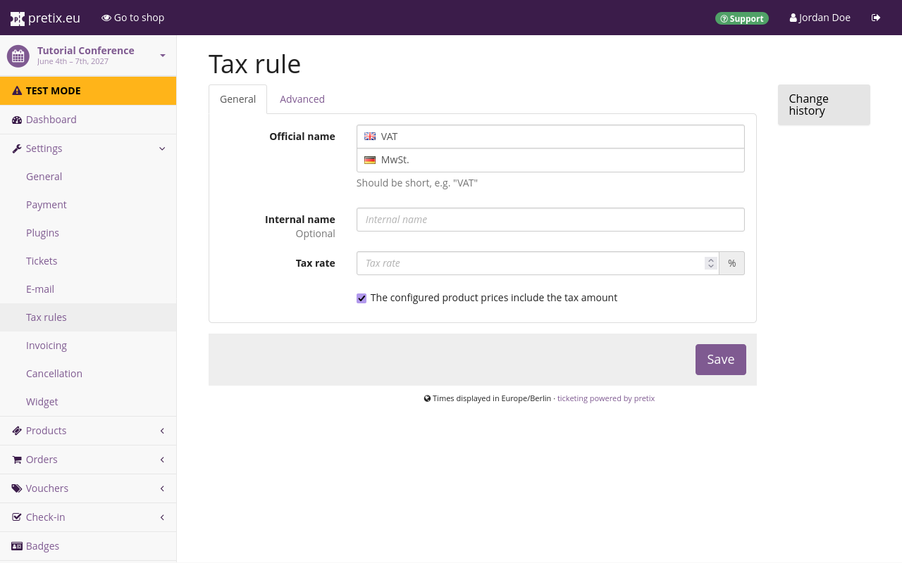 Tax rule dialog. The 'General' tab is open, displaying options for official and internal name, tax rate, and whether to include the tax in the product price.