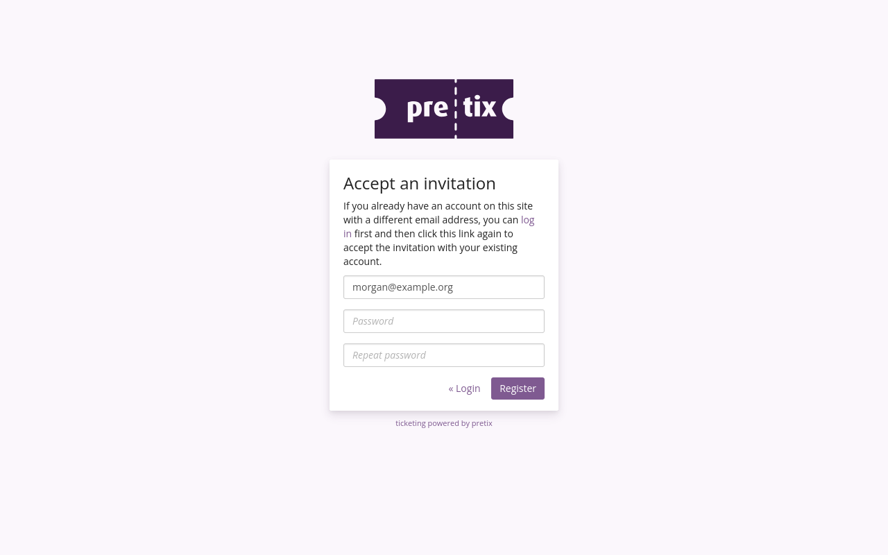 Page titled 'Accept an invitation' with inputs for email address and password as well as buttons for logging in or registering.