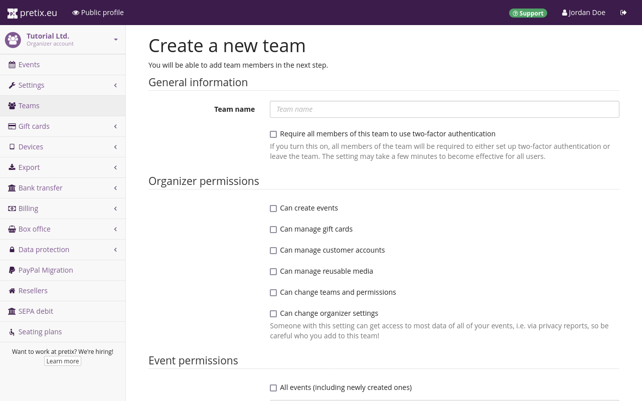 Page titled 'Create a new team', with a name input, the option to require 2FA as well as several organizer and event permission settings.