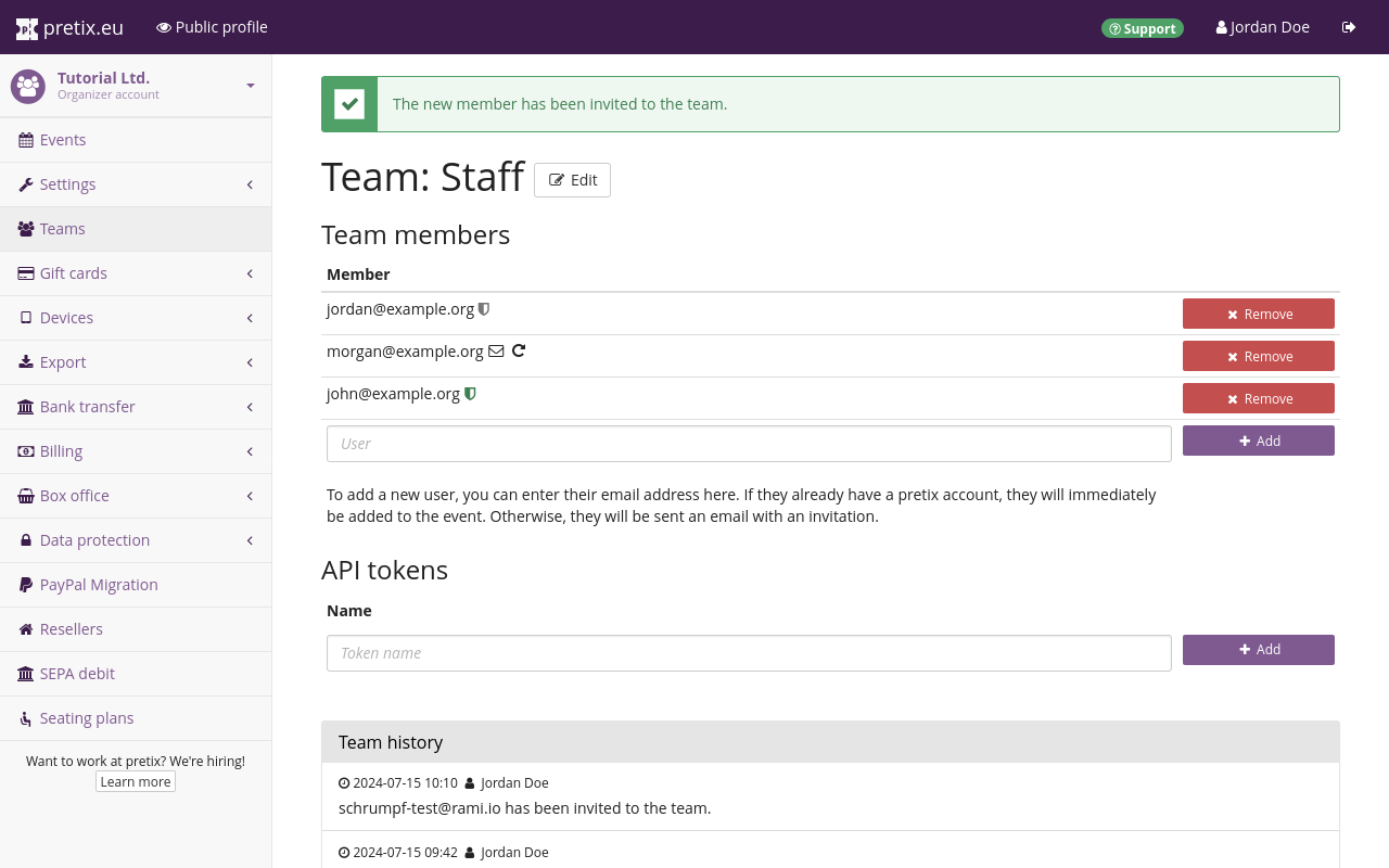 Page titled 'Team: Staff', listing three members, one of them has a mail icon next to their email address.