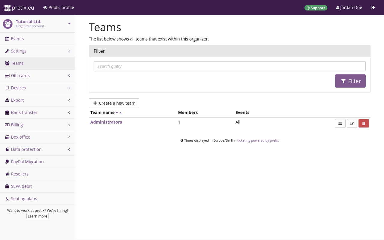 Page titled 'Teams', listing a team called 'Administrators' and showing buttons for creating, editing and viewing teams.